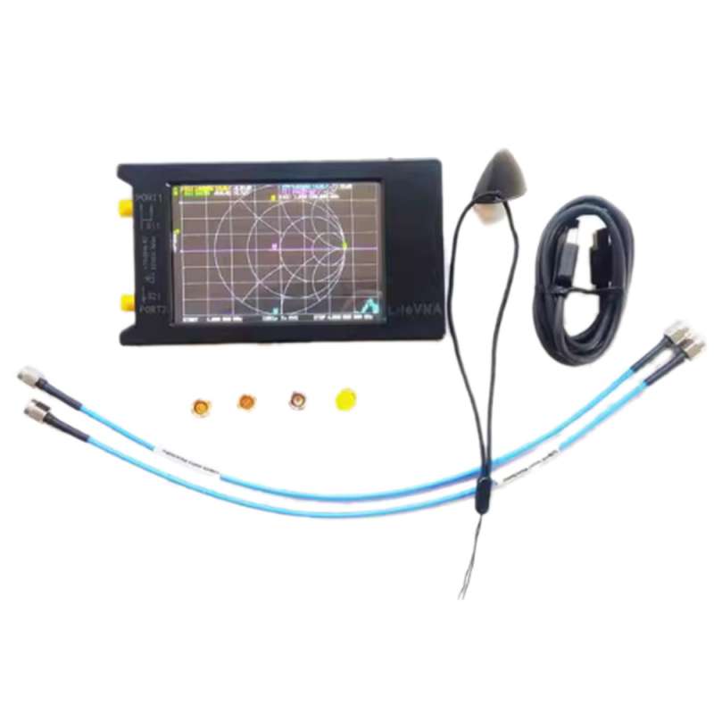 Vue latérale de l’analyseur LiteVNA64 compact avec connecteurs SMA